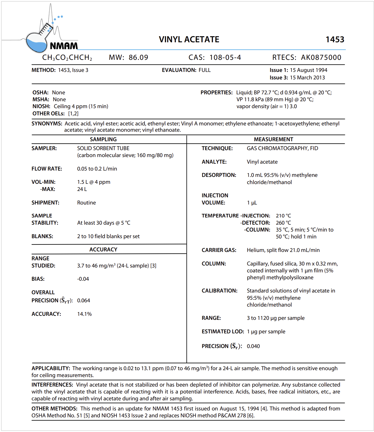 Fig Esempio struttura Scheda si supporto Metodo NIOSH NMAM Fig Esempio struttura Scheda si supporto Metodo NIOSH NMAM