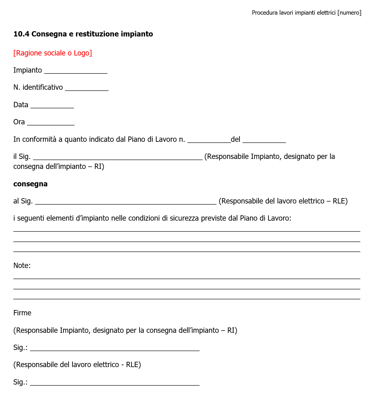 Consegna e restituzione impianto