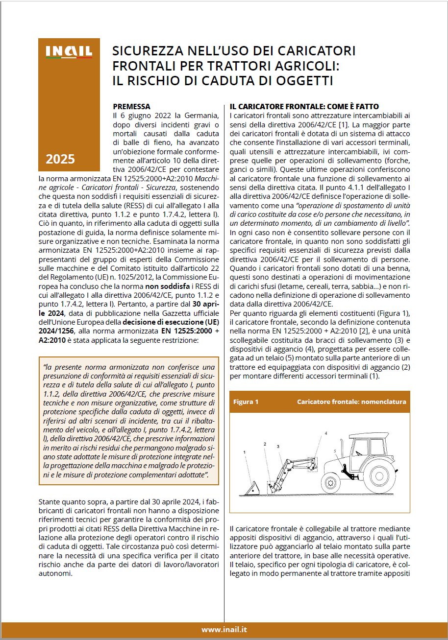 Sicurezza nell’uso dei caricatori frontali per trattori agricoli: il rischio di caduta di oggetti