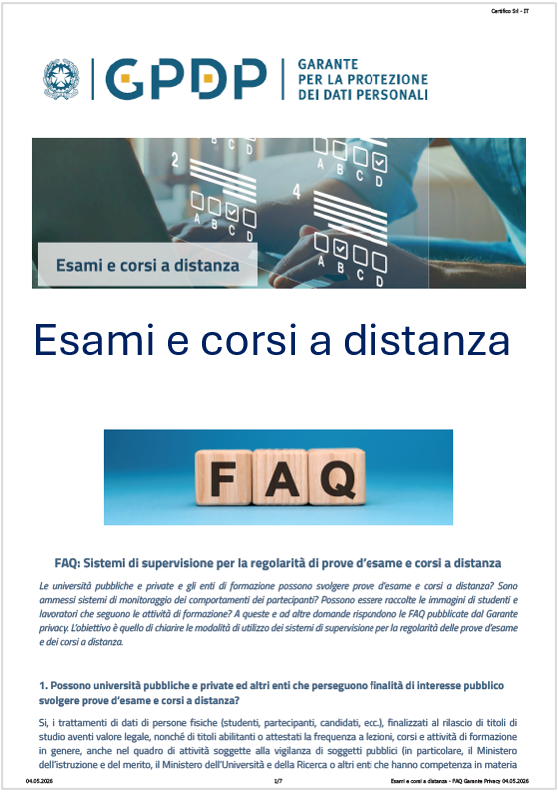 Esami e corsi a distanza - FAQ Garante Privacy