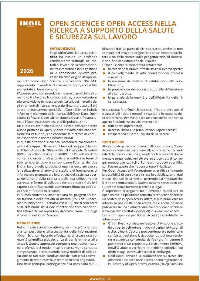 Open Science e Open Access nella ricerca a supporto della salute e sicurezza sul lavoro