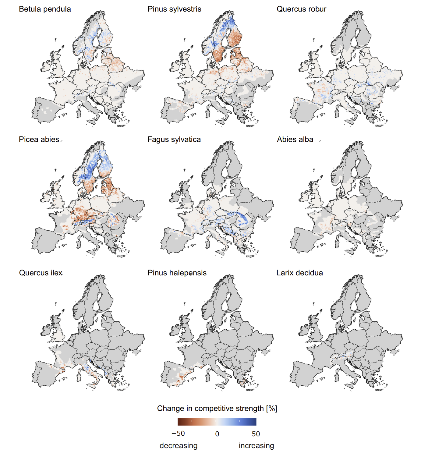 Fig. 2 | Change in competitive strength for nine major European tree species under climate change
