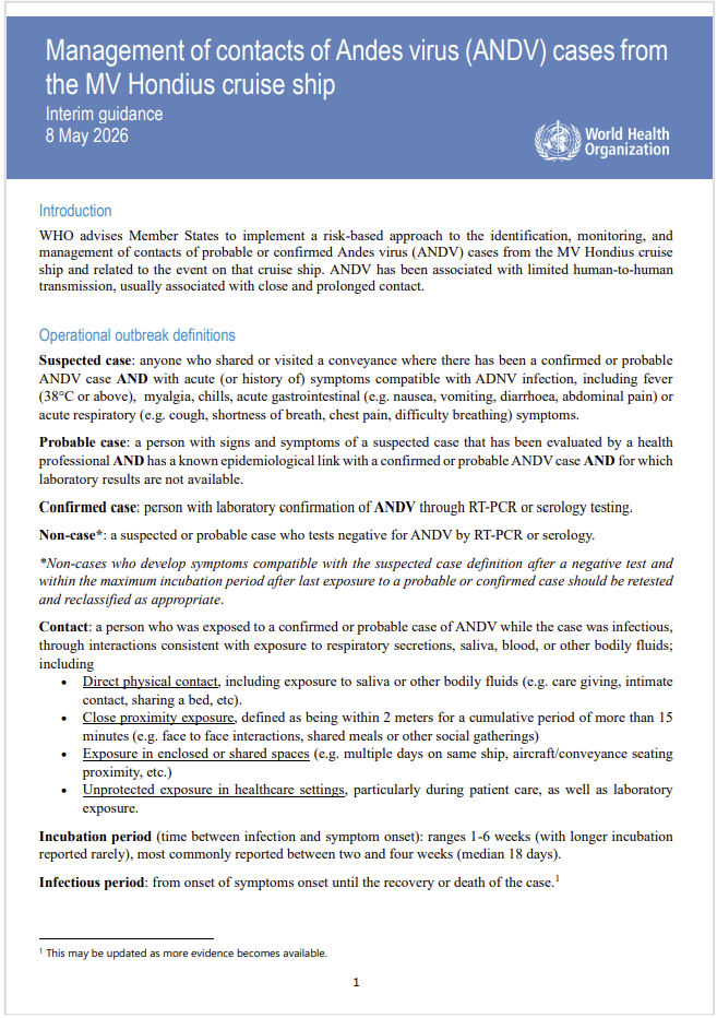 Management of contacts of Andes virus (ANDV) cases - Interim guidance / WHO 8 May 2026