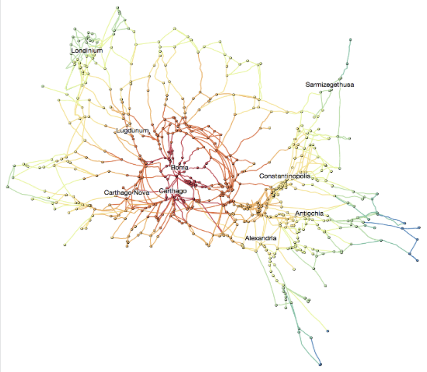 Figure 3. A distance cartogram that distorts the location of Roman sites based on the time it would take (via all modes) to travel to that site from Rome.