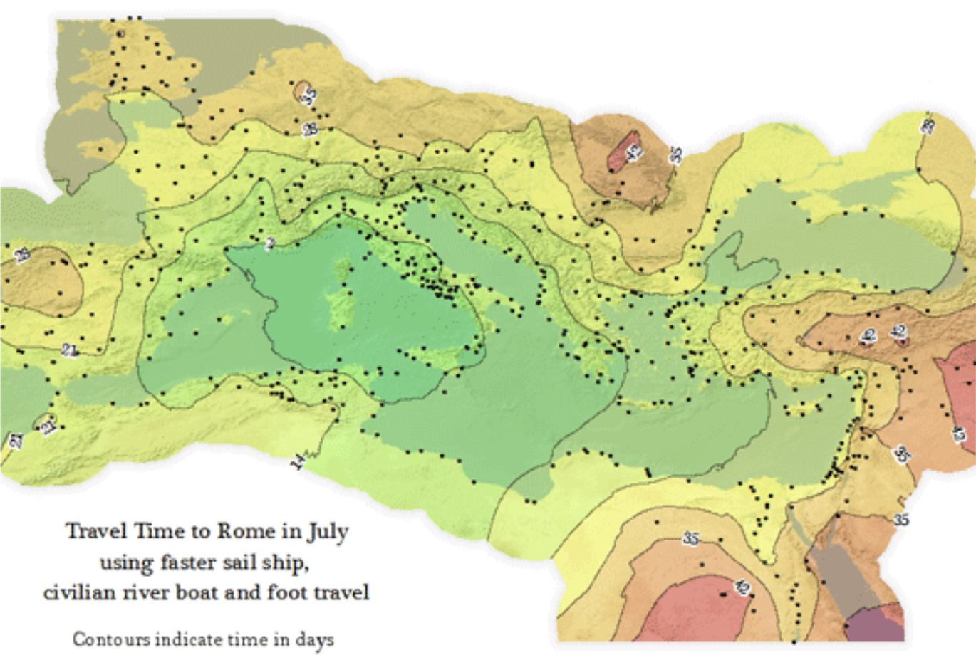 Figure 5. Travel Time to Rome in July using faster sail ship, civilian river boat and fast travel- Contours indicate in Days