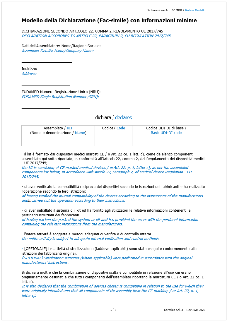 Modello della Dichiarazione (Fac-simile) con informazioni minime: