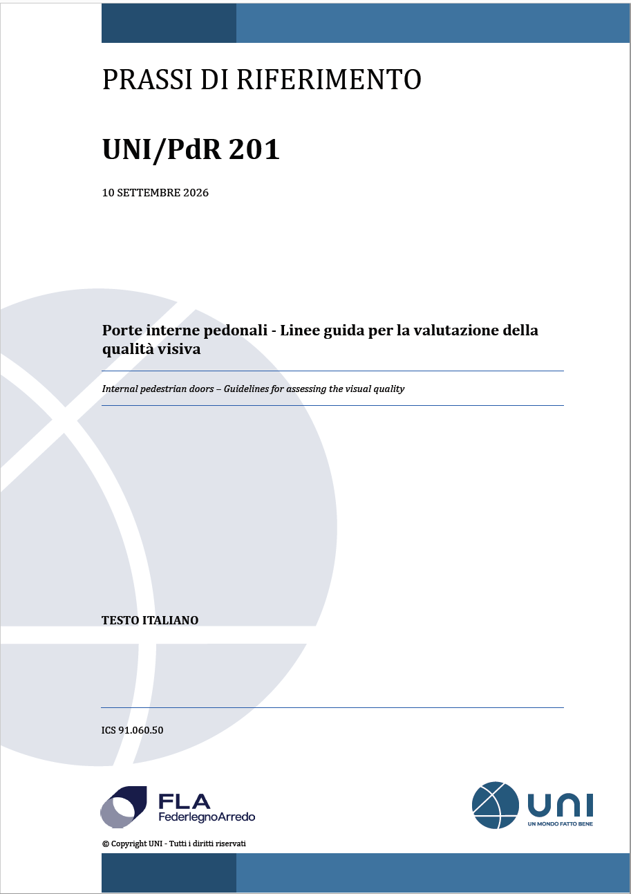 UNI/PdR 201:2026 Porte interne pedonali - Linee guida per la valutazione della qualità visiva