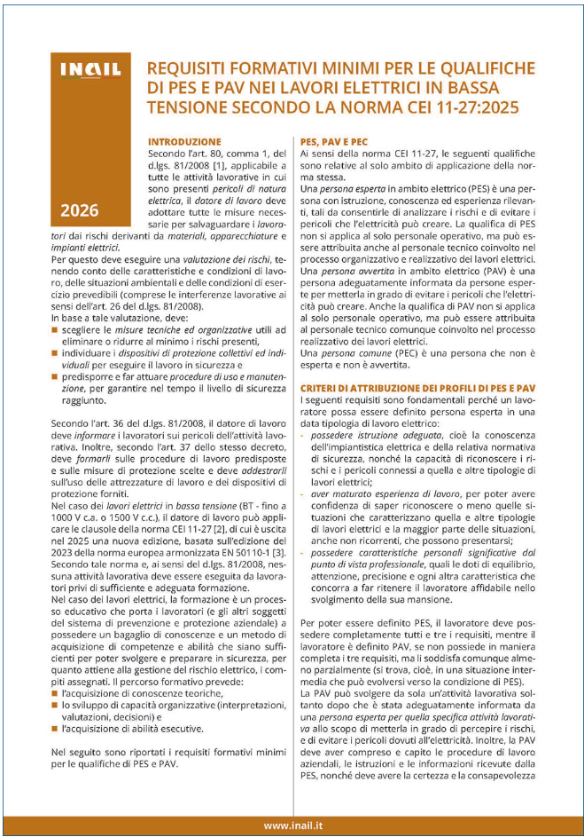 Requisiti formativi minimi per le qualifiche di Pes e Pav / CEI 11-27:2025 2026