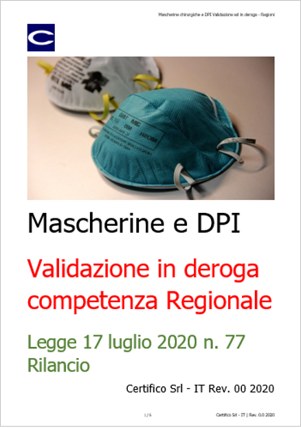 Mascherine DPI Validazione in deroga Regioni dal 2 agosto