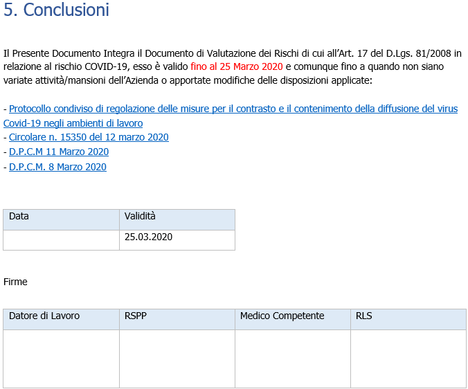 VAlutazione rischio biologico coronavirus   Conclusioni