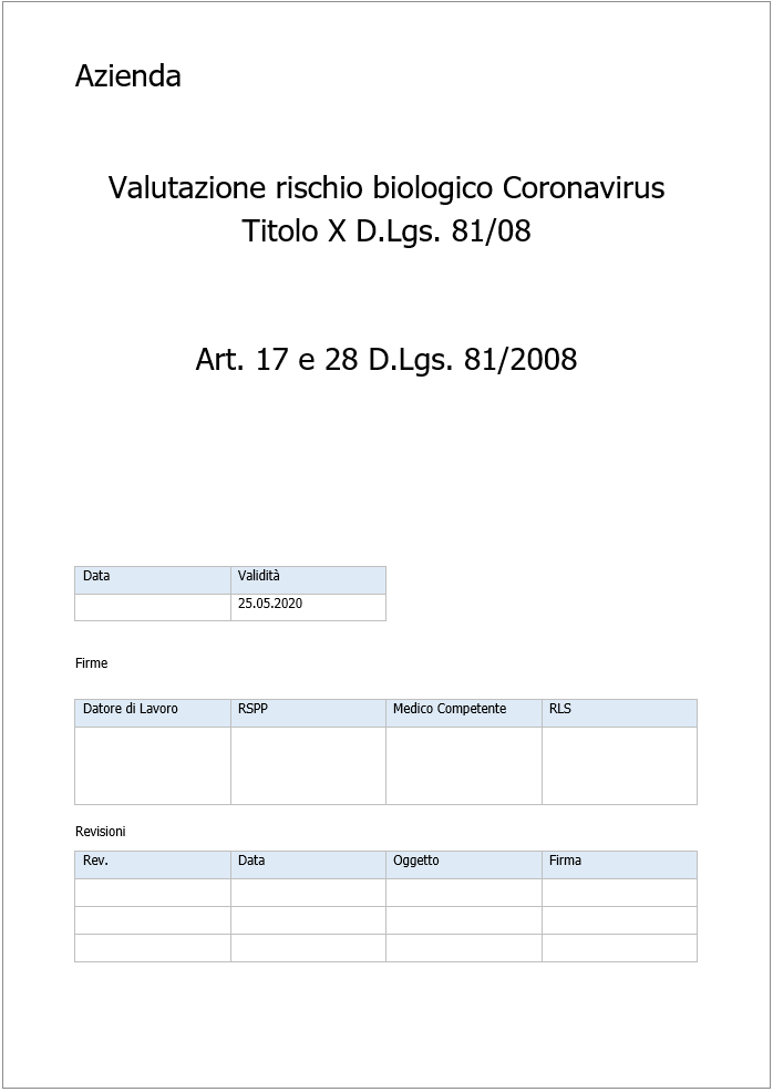 VAlutazione rischio biologico coronavirus