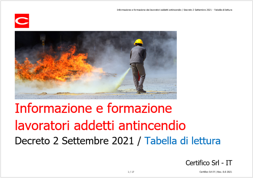 Informazione e formazione lavoratori addetti antincendio   Decreto 2 Settembre 2021   Tabella di lettura Rev  00 2021