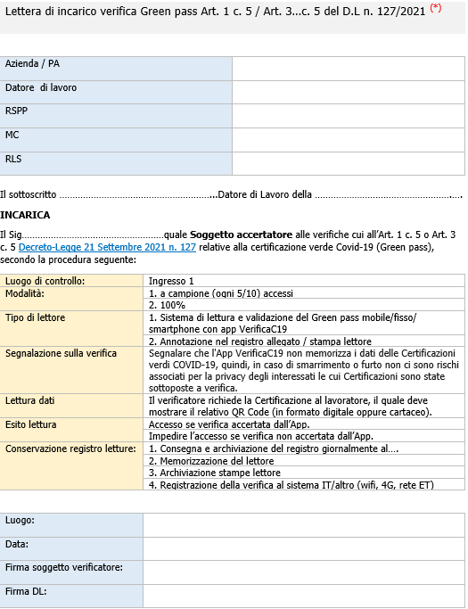 Lettera di incarico soggetto accertatore verifica green passs