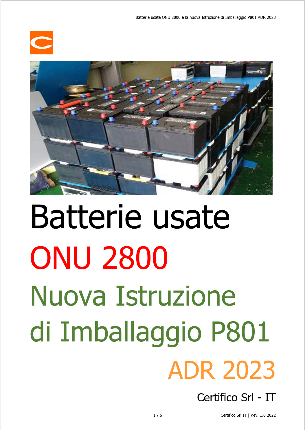 Batterie usate ONU 2800 ADR 2023