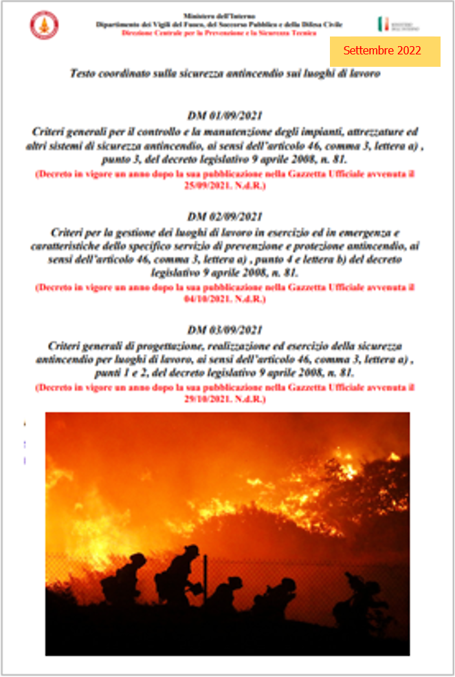 Testo coordinato VVF sulla sicurezza antincendio sui luoghi di lavoro   Settembre 2022