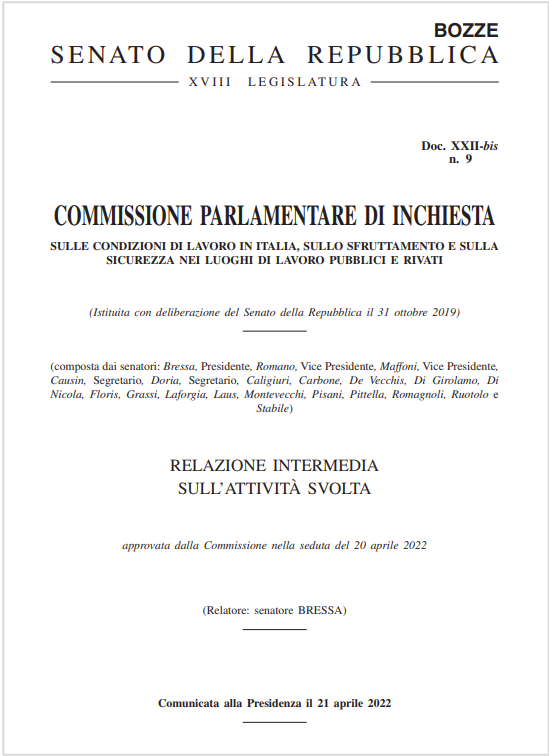 Commissione Parlamentare di Inchiesta Condizioni di lavoro  sfruttamento  sicurezza nei luoghi di lavoro   Relazione intermedia del 20 aprile 2022