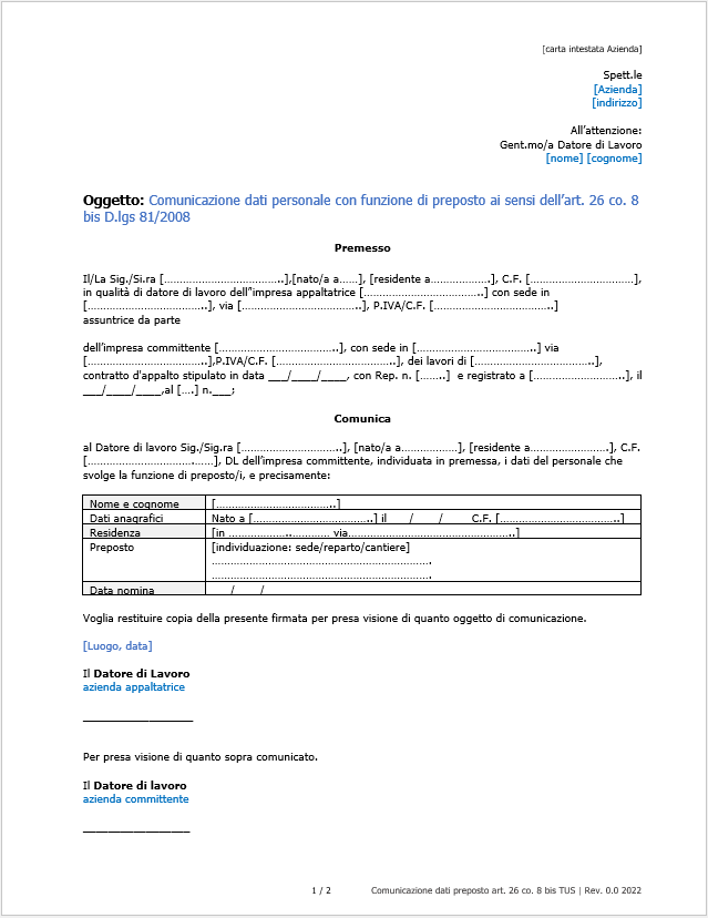 Modello Comunicazione preposto appalto art  26 co  8 bis TUS   Immagine 1