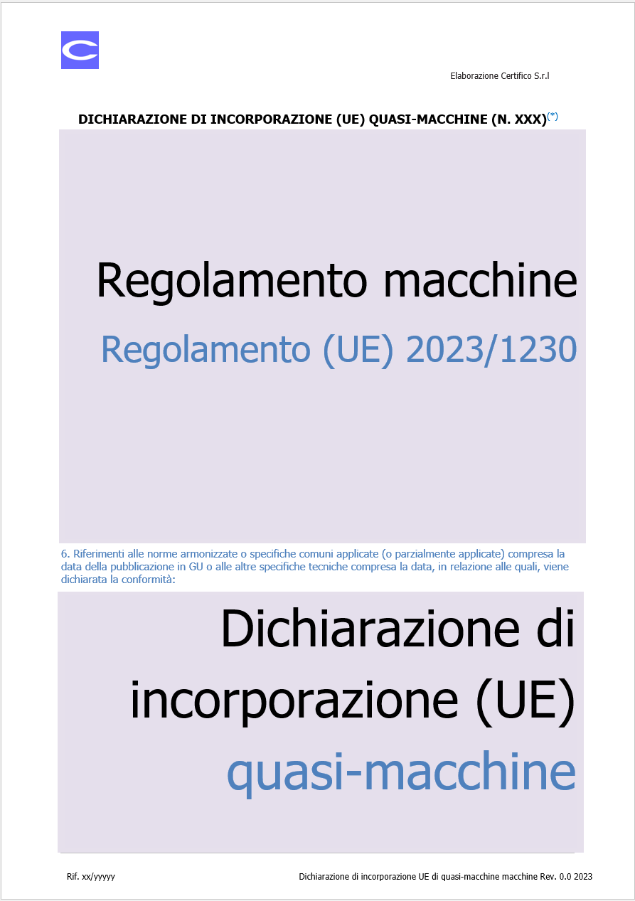 Cover Dichiarazione di incorporazione quasi macchine Regolamento 2023 1230