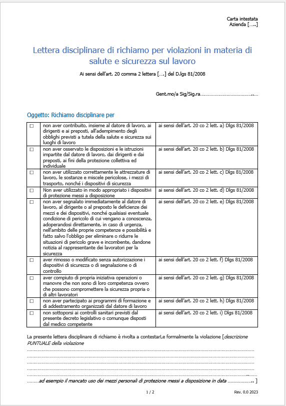 Modello lettera di richiamo sicurezza lavoratore
