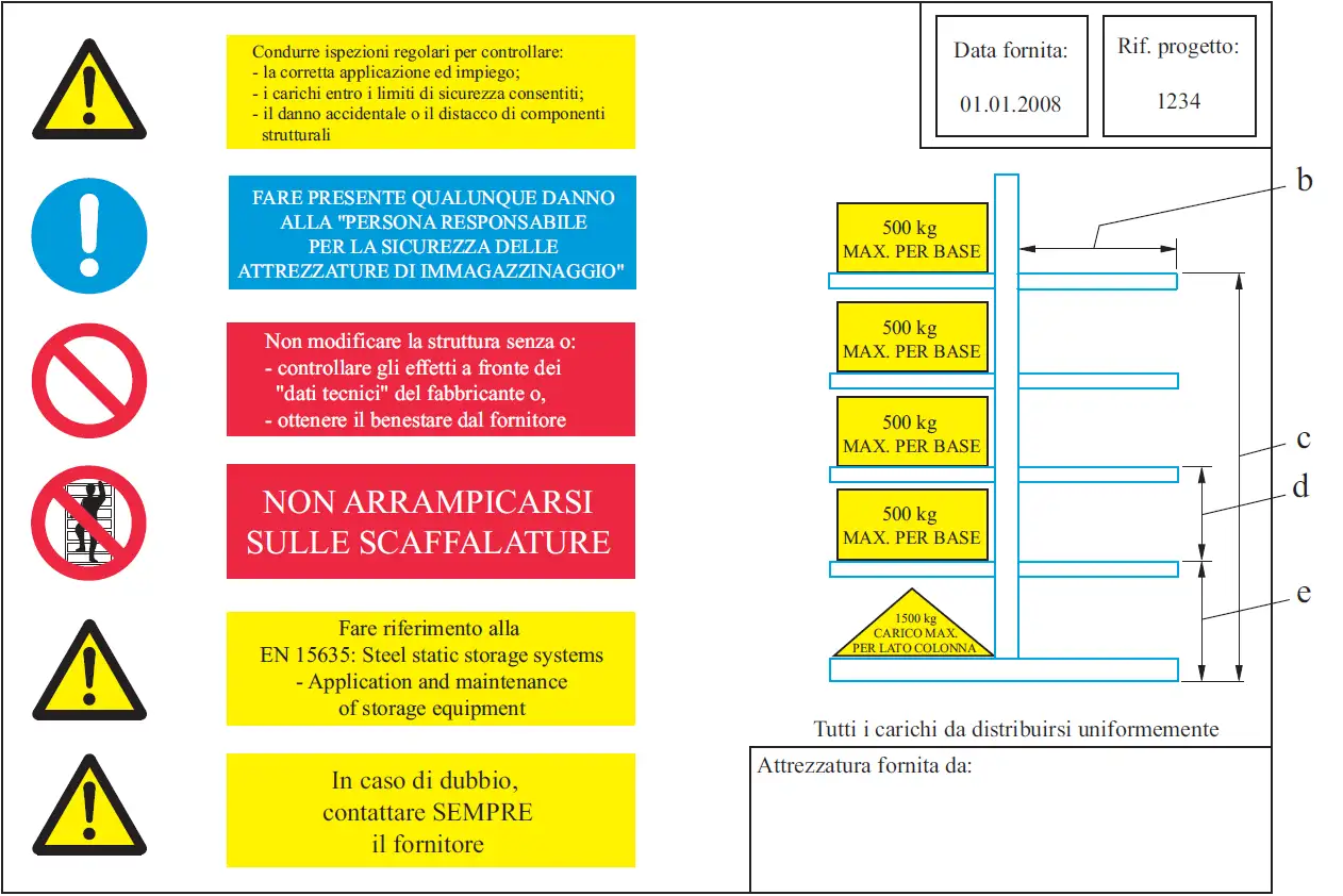 Figura B 11 Esempio cartello di carico per sistemi di scaffalature cantilever Figura B 11 Esempio cartello di carico per sistemi di scaffalature cantilever