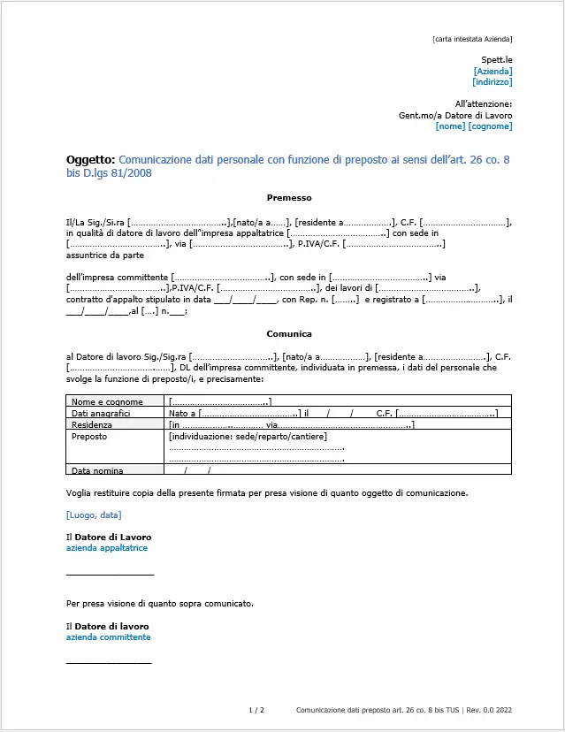 Modello Comunicazione preposto appalto art  26 co  8 bis TUS   Immagine 1