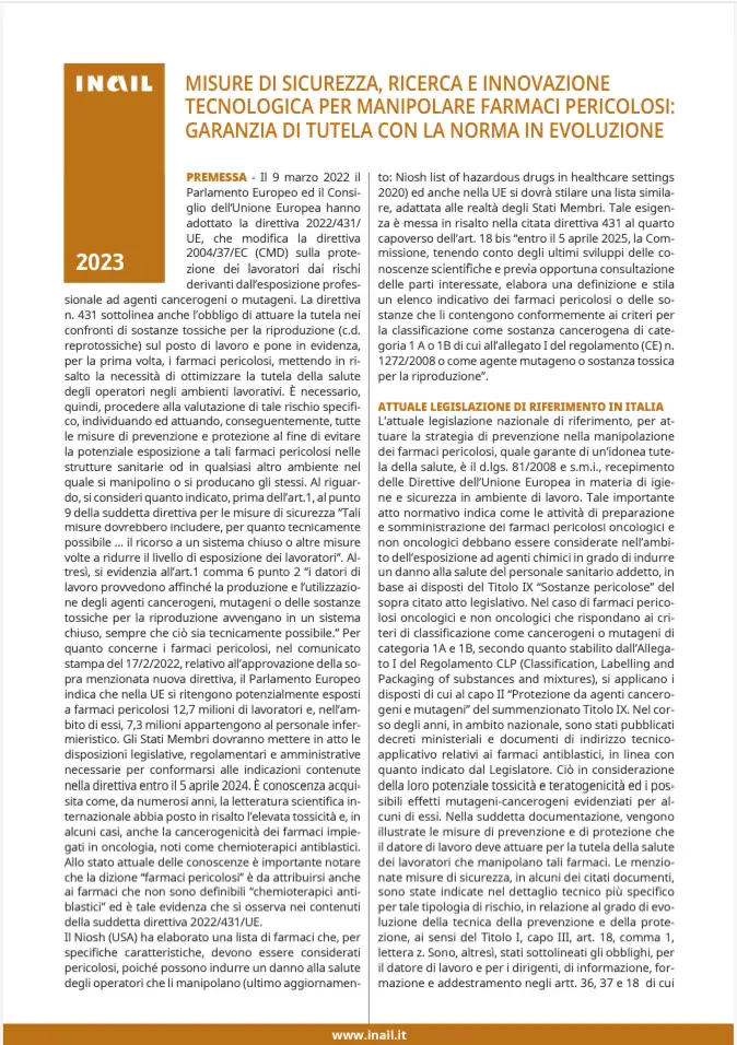 Misure di sicurezza per manipolare farmaci pericolosi Misure di sicurezza per manipolare farmaci pericolosi