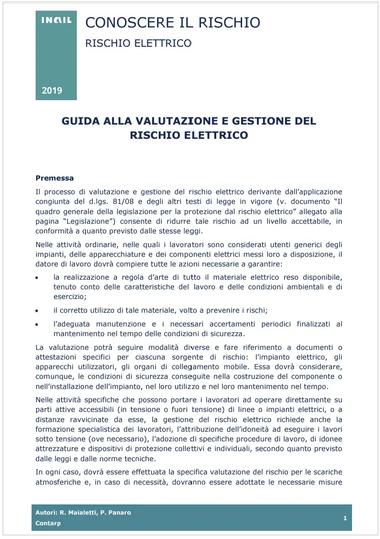 Guida valutazione e gestione del rischio elettrico INAIL 2019