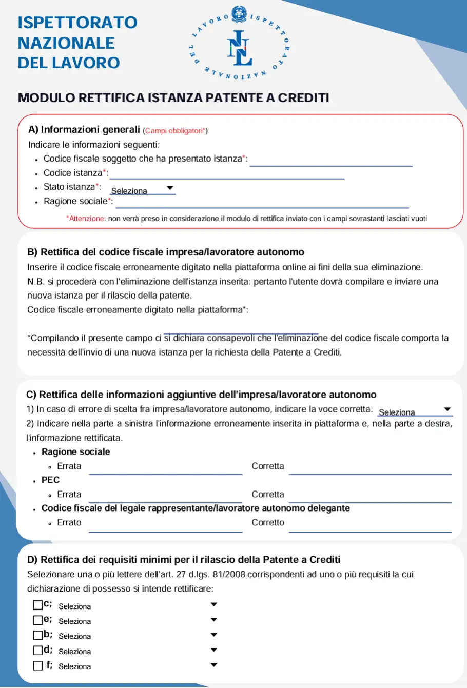 Modulo di rettifica istanza Patente a crediti Modulo di rettifica istanza Patente a crediti