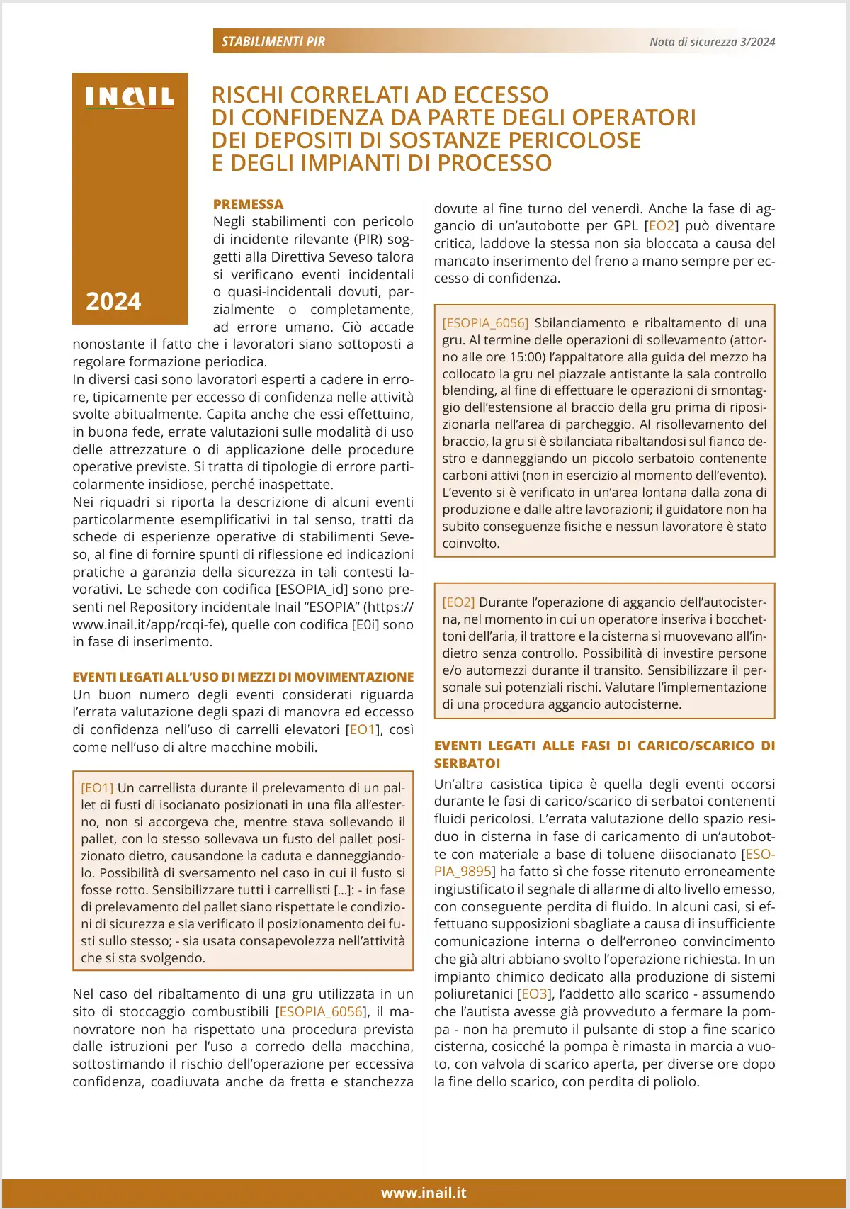 Rischi correlati ad eccesso di confidenza da parte degli operatori depositi di sostanze pericolose