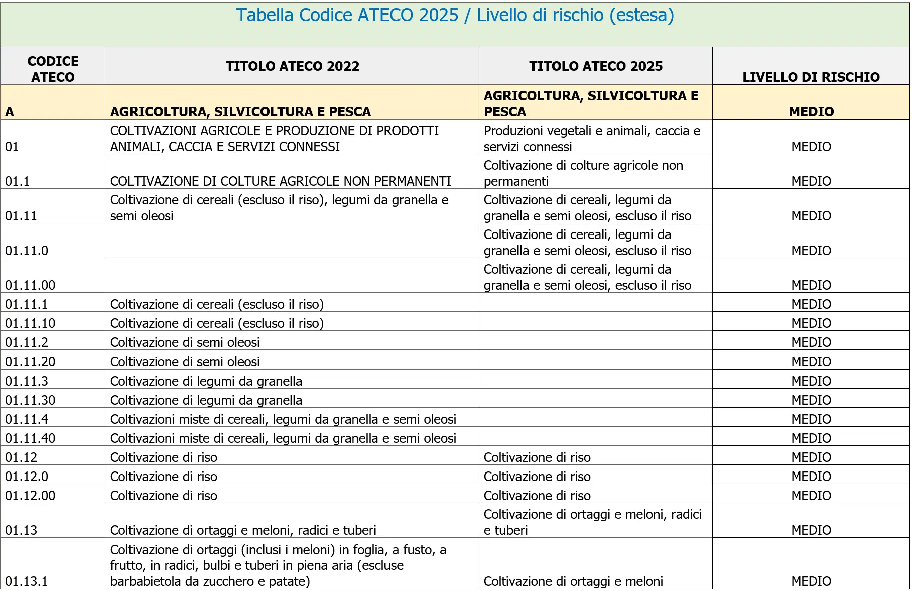 Tabella Codice ATECO 2025 Livello di rischio estesa Tabella Codice ATECO 2025 Livello di rischio estesa