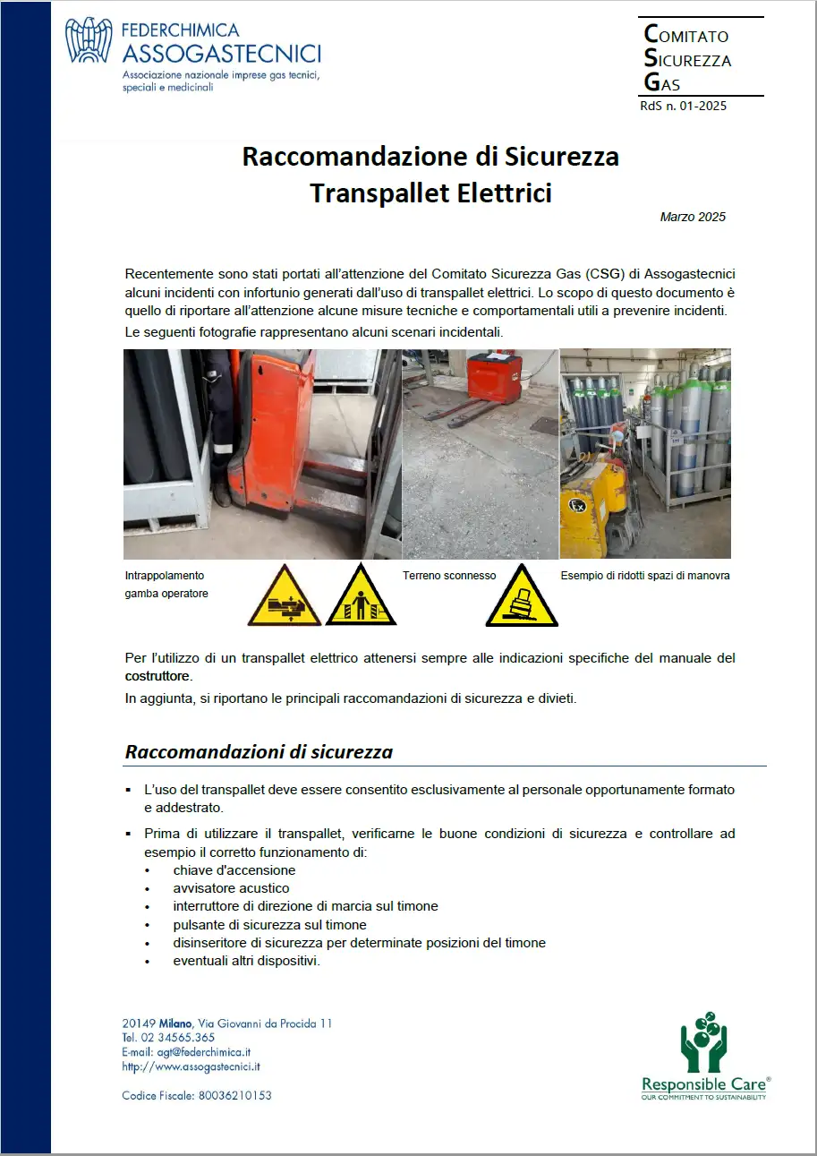 Raccomandazione di Sicurezza Transpallet Elettrici Raccomandazione di Sicurezza Transpallet Elettrici